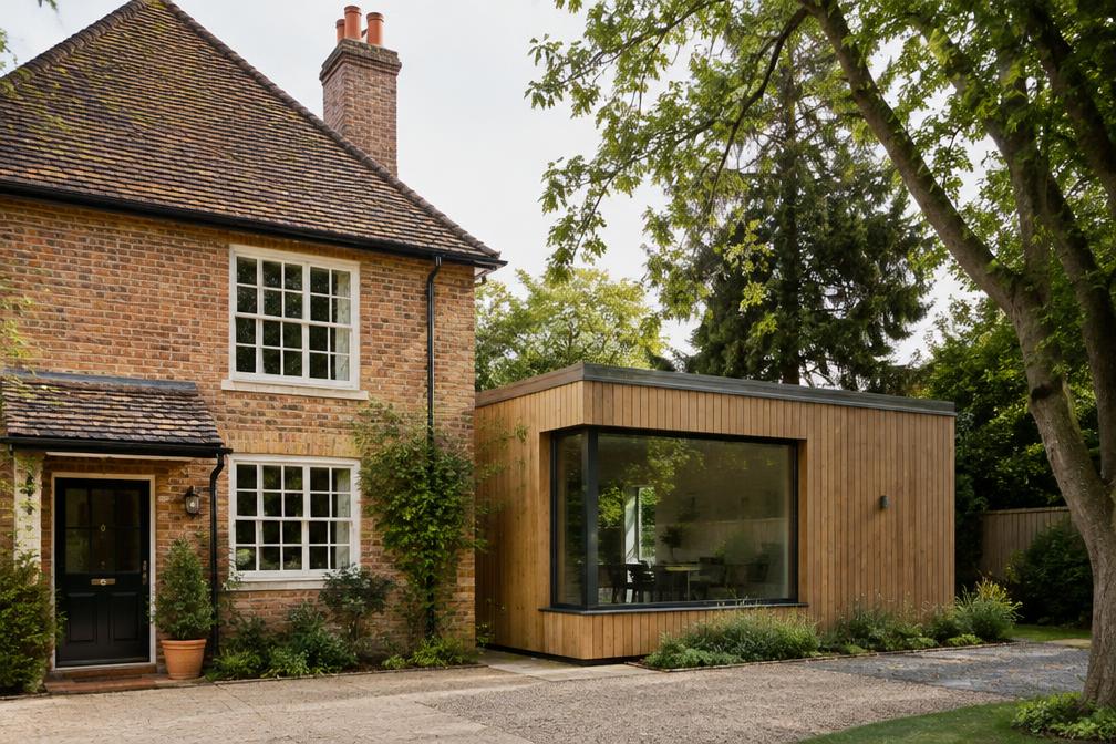 Historic brick cottage beside a new timber-clad extension in Hillingdon