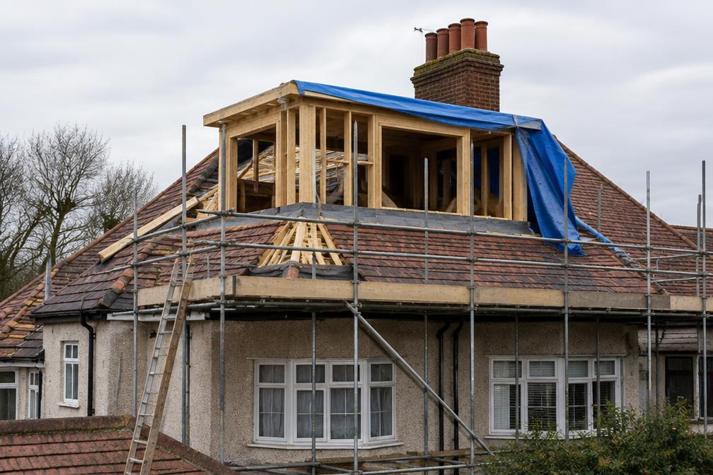 Loft conversion dormer under construction in Hillingdon Village