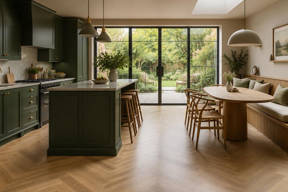 Family kitchen with green cabinetry and bench seating in Hillingdon Village
