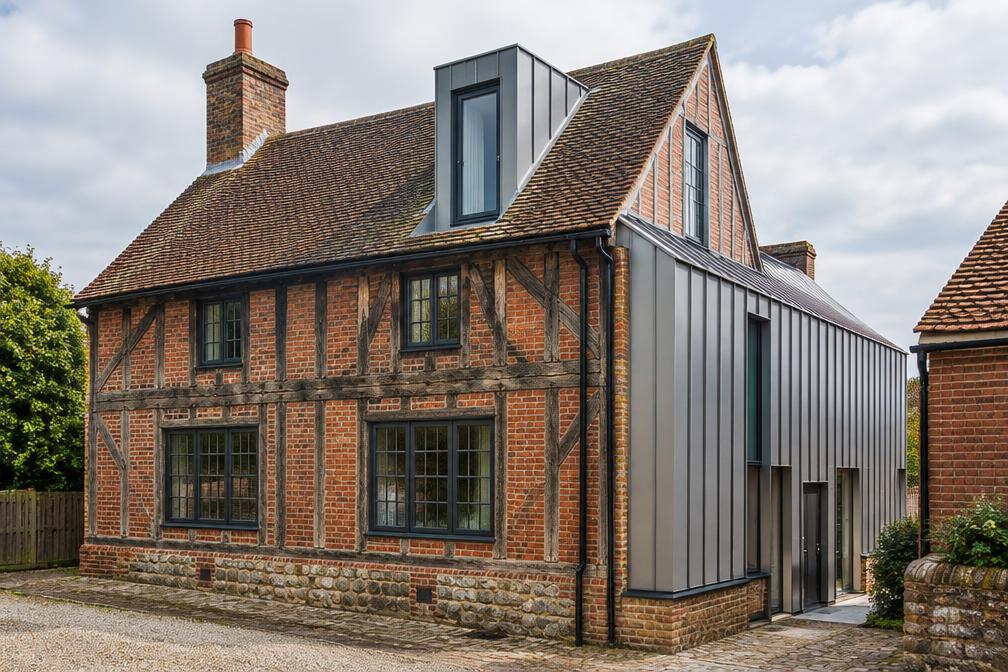Timber-framed village building with a zinc-clad addition in Hillingdon Village