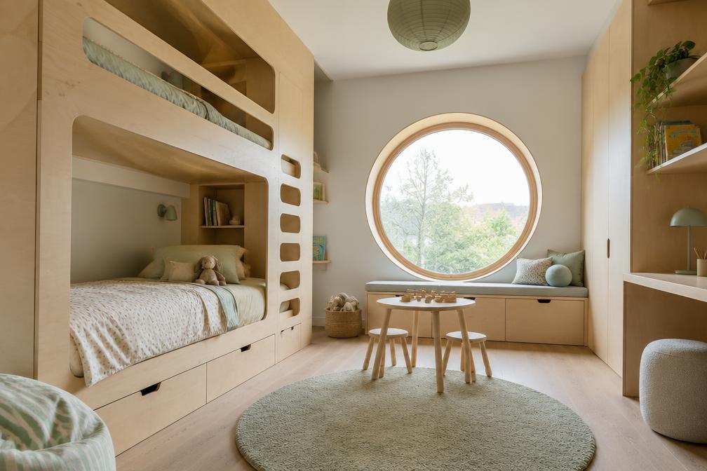 Refurbished modern children's room with built-in bunks in Hillingdon Village