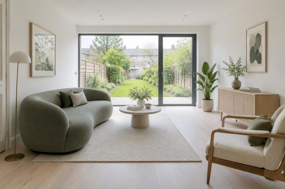 Living room with wide glazing onto a long garden in Hither Green