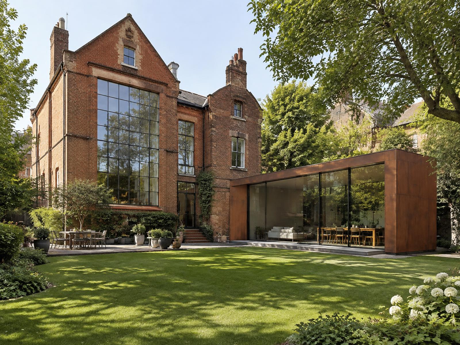 Red brick artist's studio-house with a corten steel and glass garden pavilion