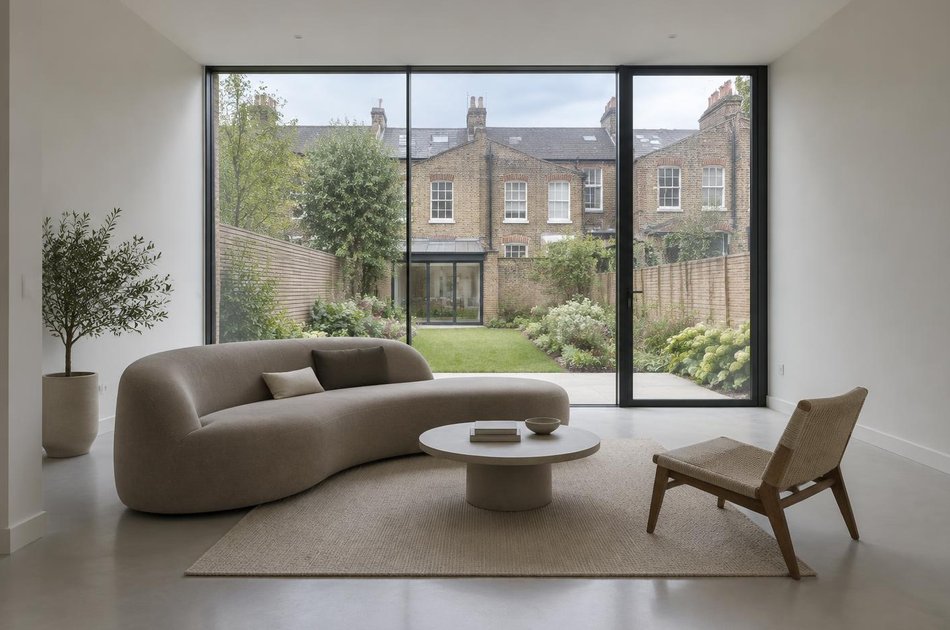 Living room with a curved sofa overlooking terrace gardens in Hornsey