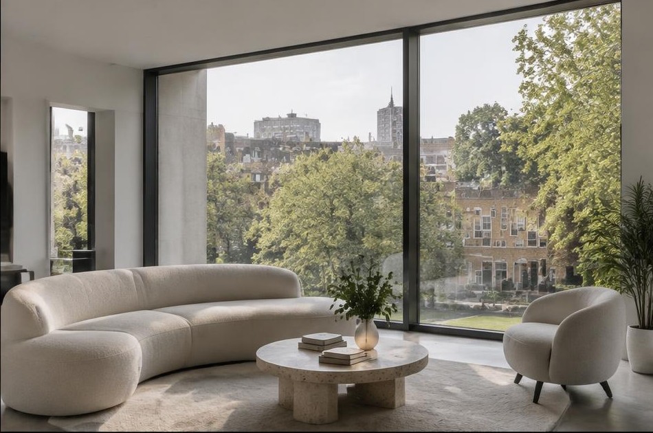 Minimalist living space with local residential garden views in Hoxton