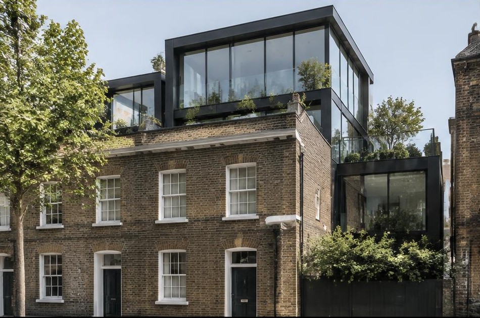 Retained original facade beside a dominant contemporary glazed addition in Hoxton