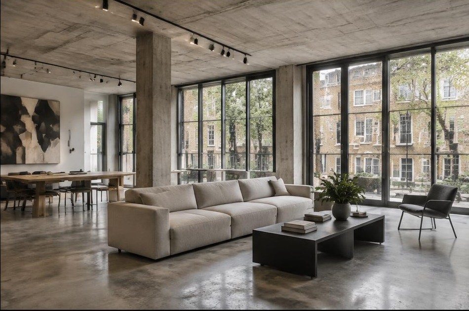 Contemporary refurbished living room with local garden views in Hoxton