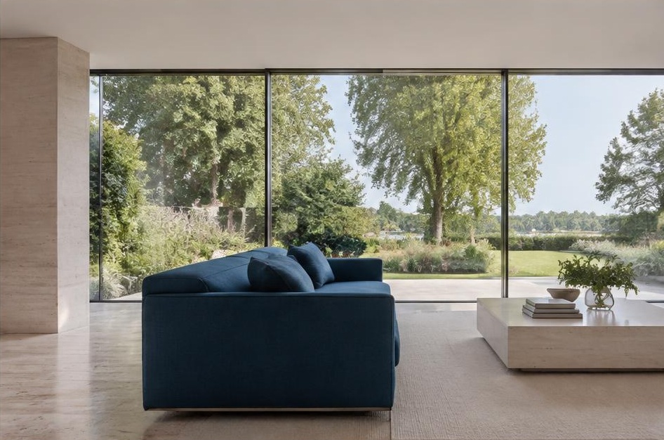 Minimalist living room with a structured fabric sofa and views of Hurlingham homes and gardens