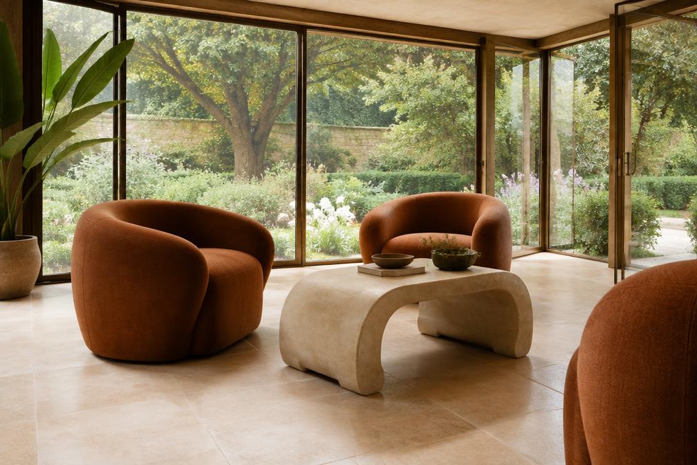 Garden room with sculptural rounded armchairs in Ickenham