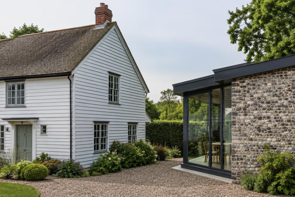 Weatherboarded village house beside a new flint and glass pavilion in Ickenham