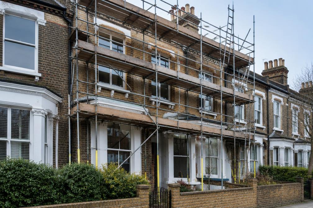 Scaffolding on a terraced house during refurbishment in Ilford