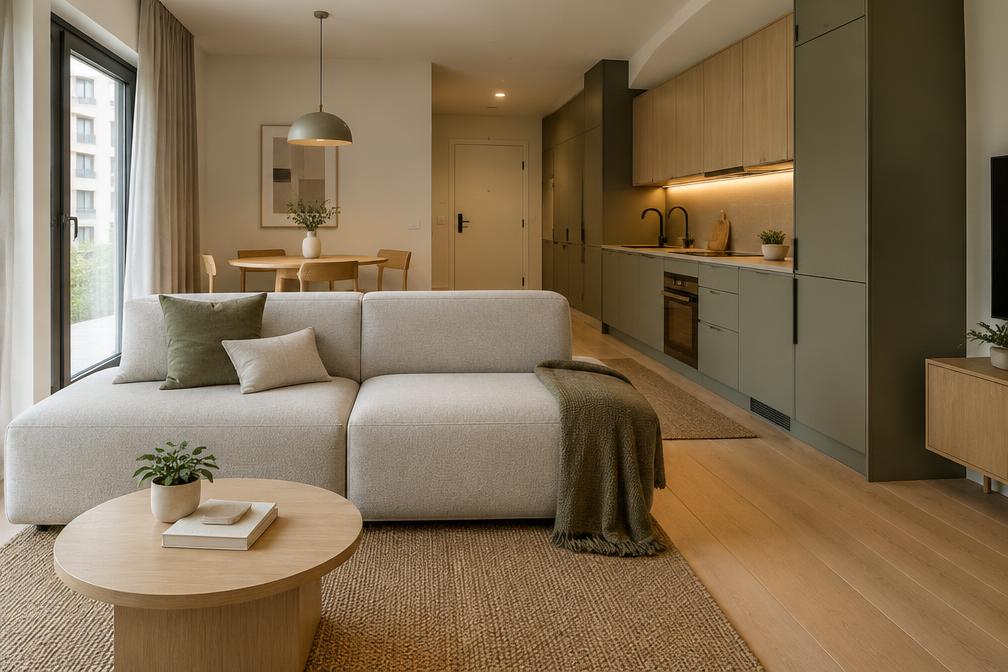 Compact open-plan apartment living space with a straight modular sofa in Ilford