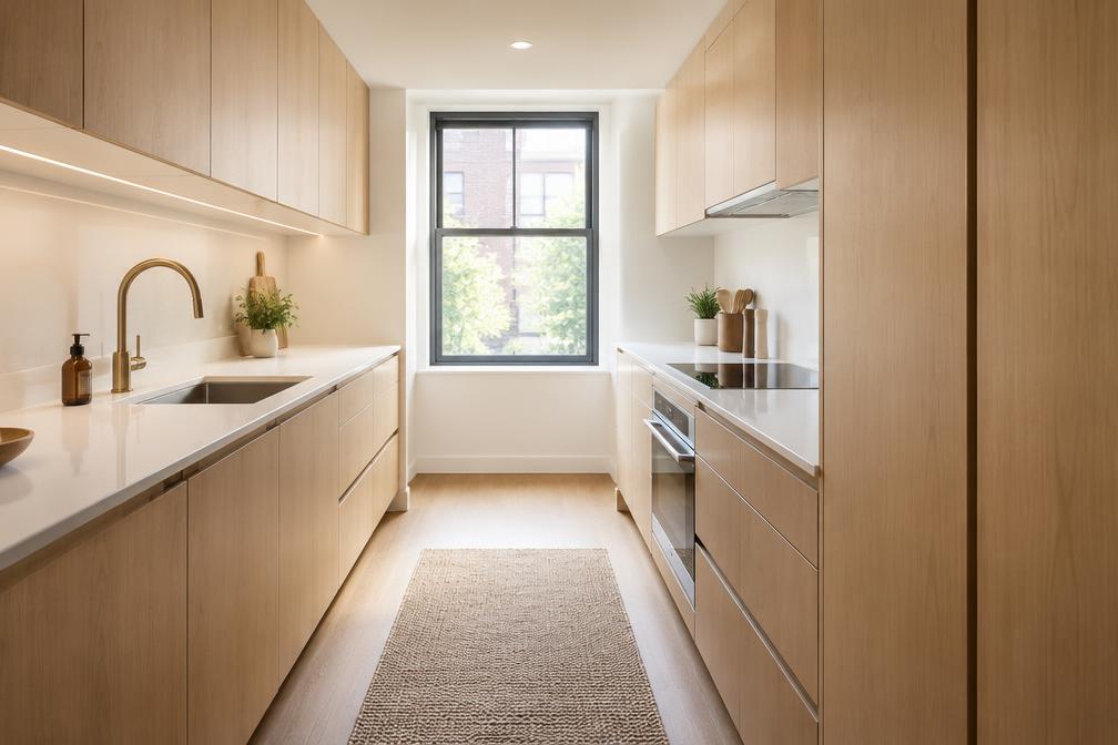 Refurbished galley kitchen with white oak units in Ilford