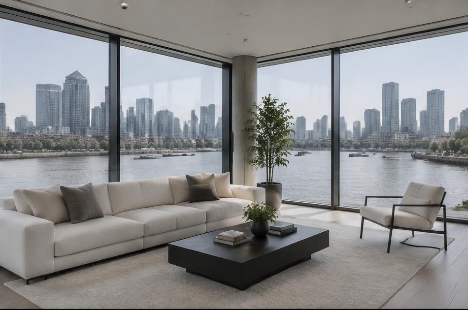 Minimalist living space with local residential garden views on the Isle of Dogs