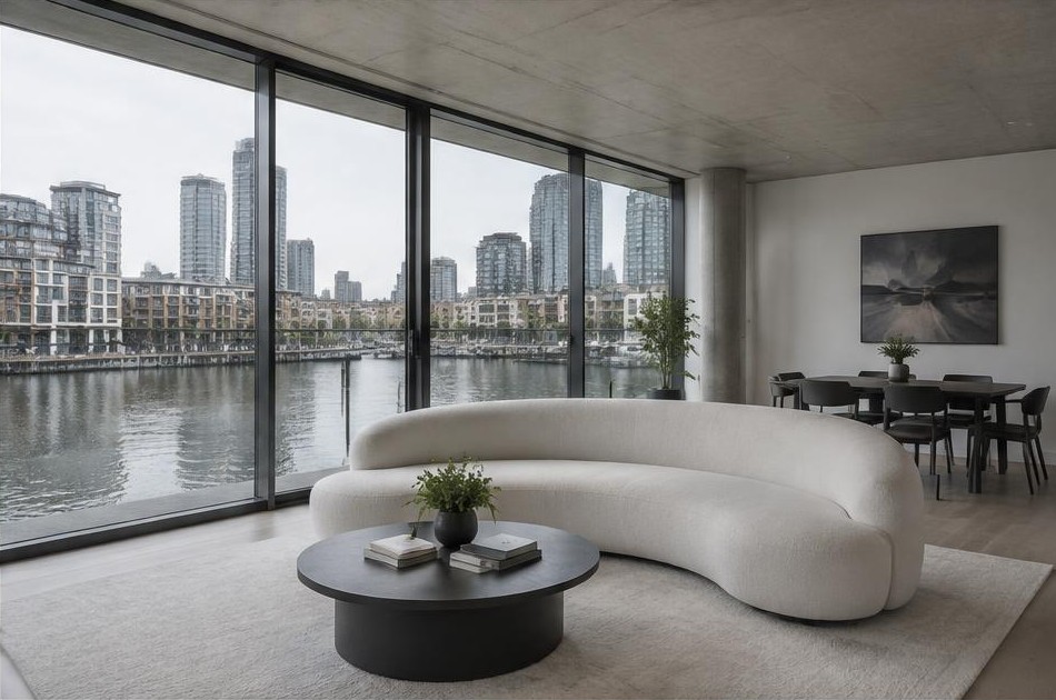 Contemporary refurbished living room with local garden views on the Isle of Dogs