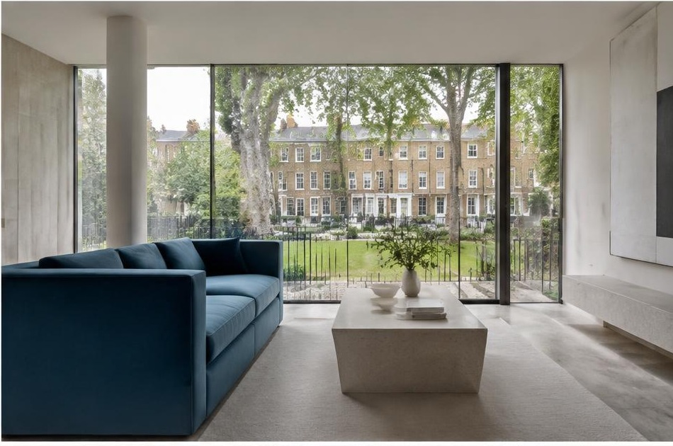 Minimalist contemporary room with straight fabric seating and views onto Kennington residential homes and gardens