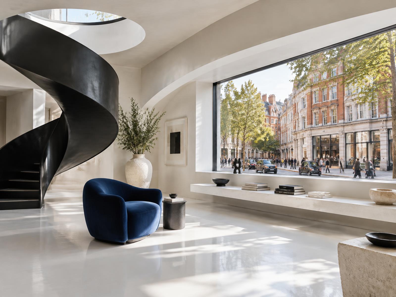 Curved white contemporary interior with a sculptural spiral staircase and a wide window onto Kensington High Street