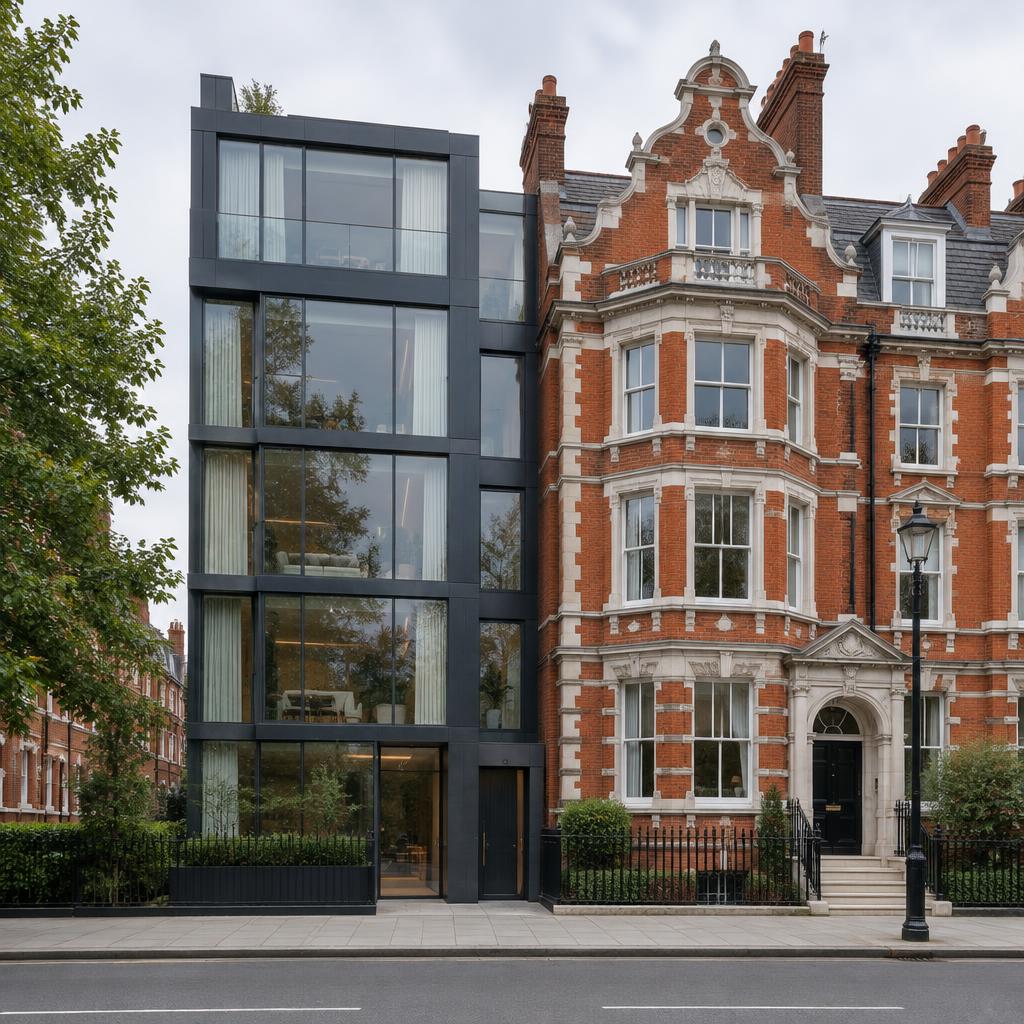 Contemporary dark metal and glass building beside a classic red-brick Kensington mansion block