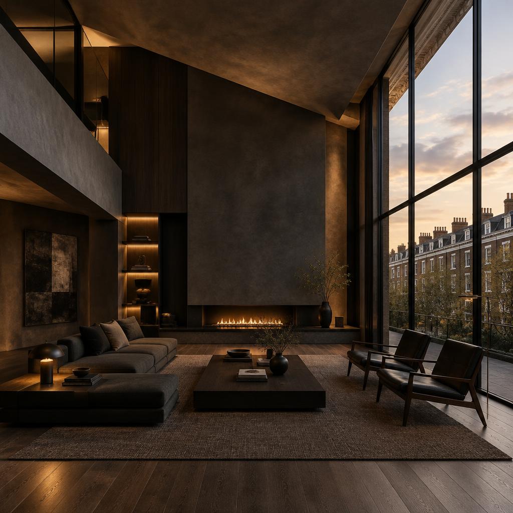 Double-height contemporary living room in charcoal plaster and smoked oak with a monolithic fireplace, overlooking Kensington mansion blocks