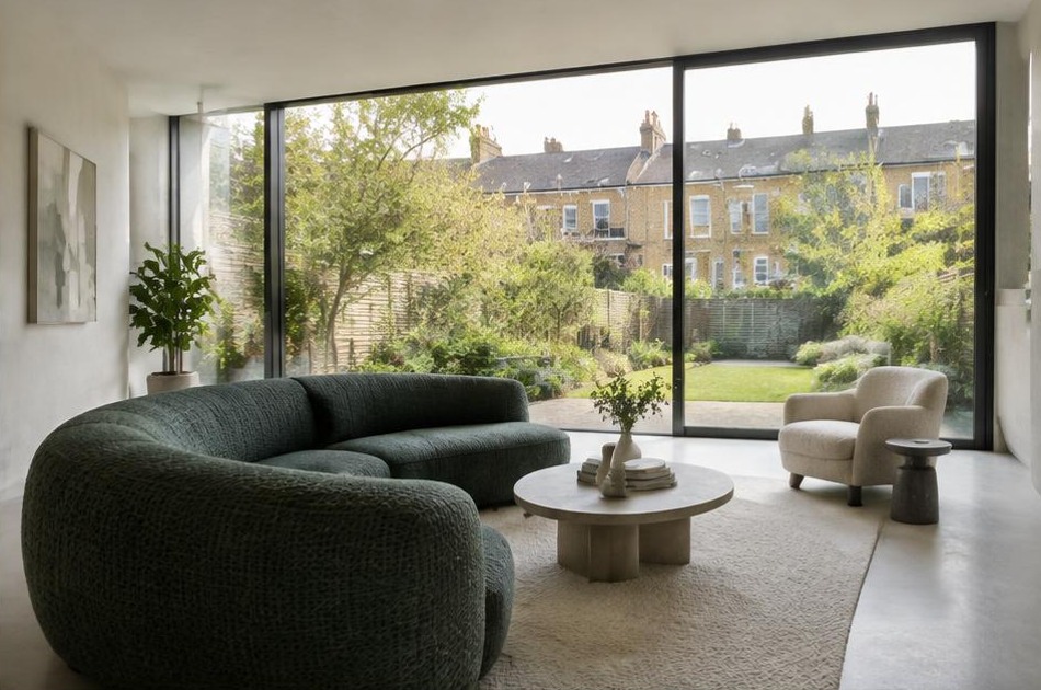 Minimalist contemporary living space with local residential garden views in Kentish Town