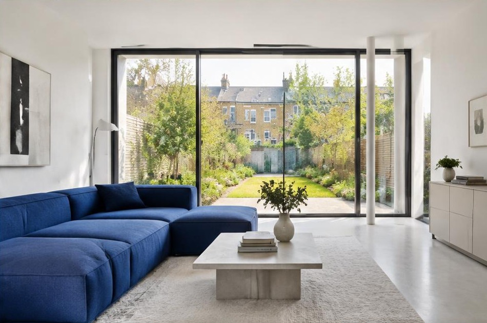 Contemporary refurbished interior with broad garden glazing in Kentish Town