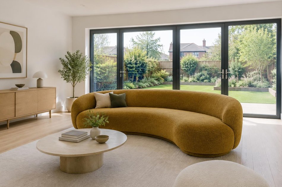 Contemporary living space opening onto a garden in Kenton