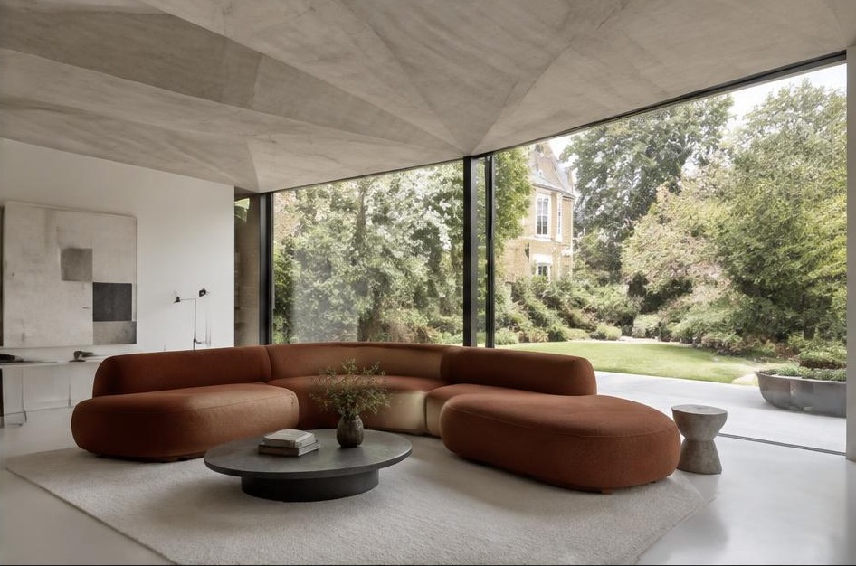 Minimalist garden living space with broad glazing in Kew