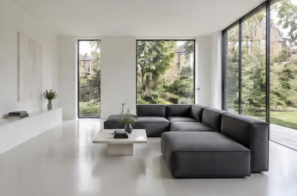 Contemporary refurbished living room with local residential garden views in Kew