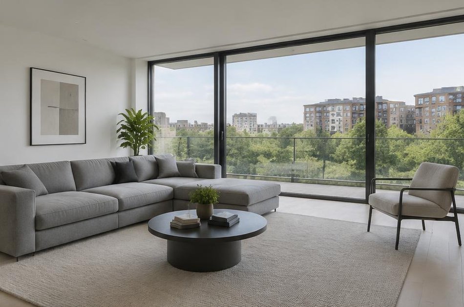 Apartment living room with glazing over parkland in Kidbrooke