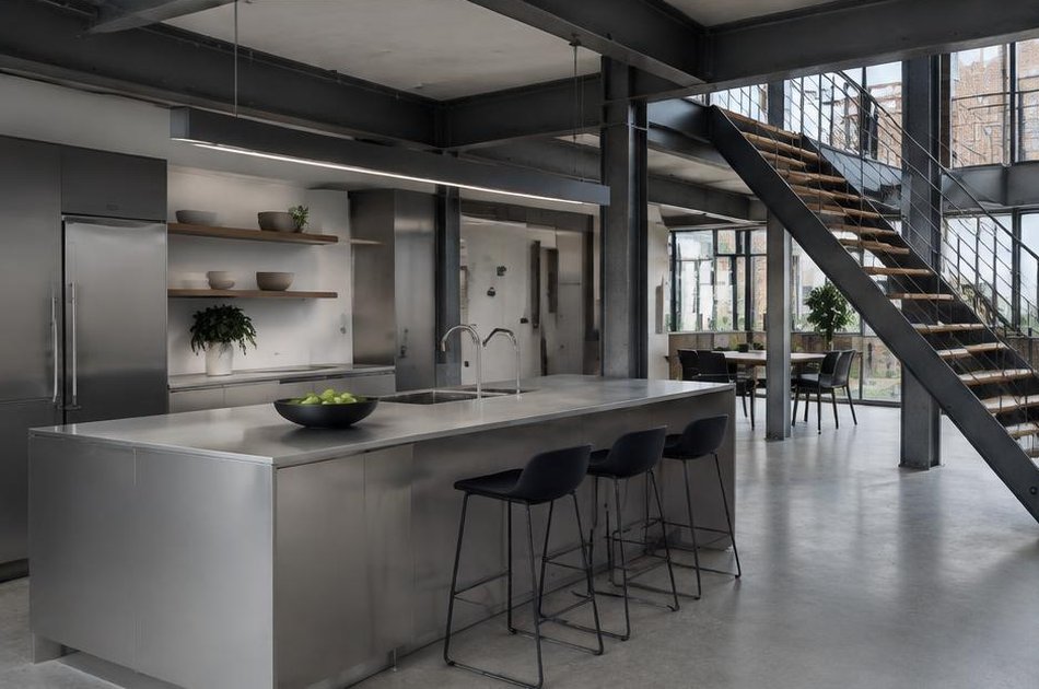 Contemporary kitchen with open stair and garden glazing in King's Cross