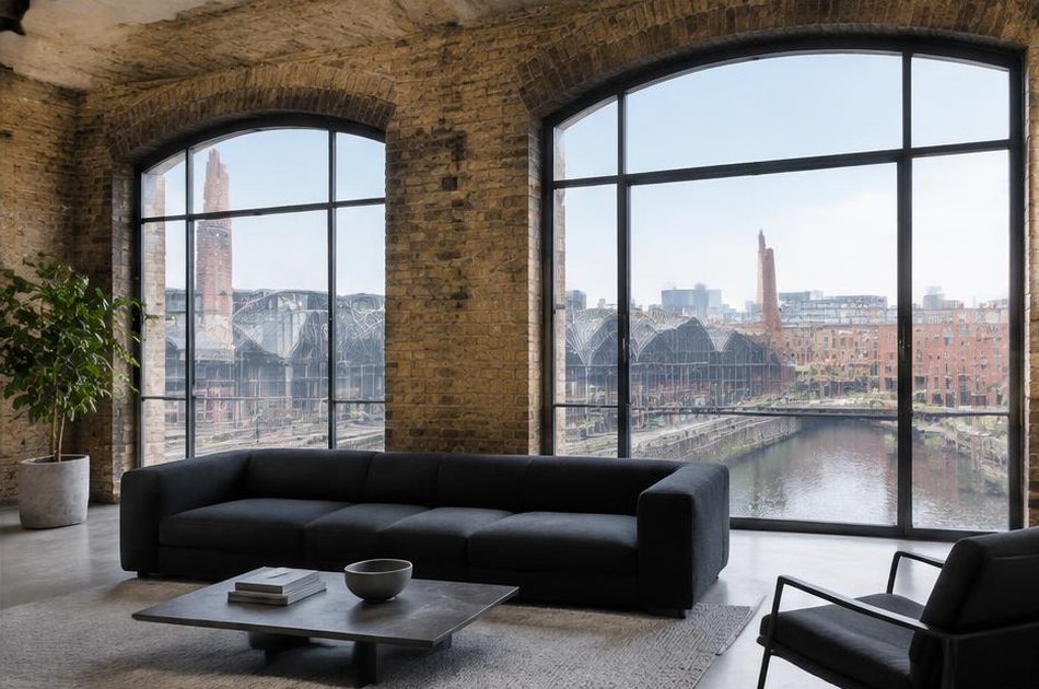 Minimalist living space with broad glazing onto local streets in King's Cross