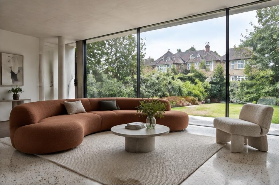 Minimalist contemporary living space with local residential garden views in Kingston Vale