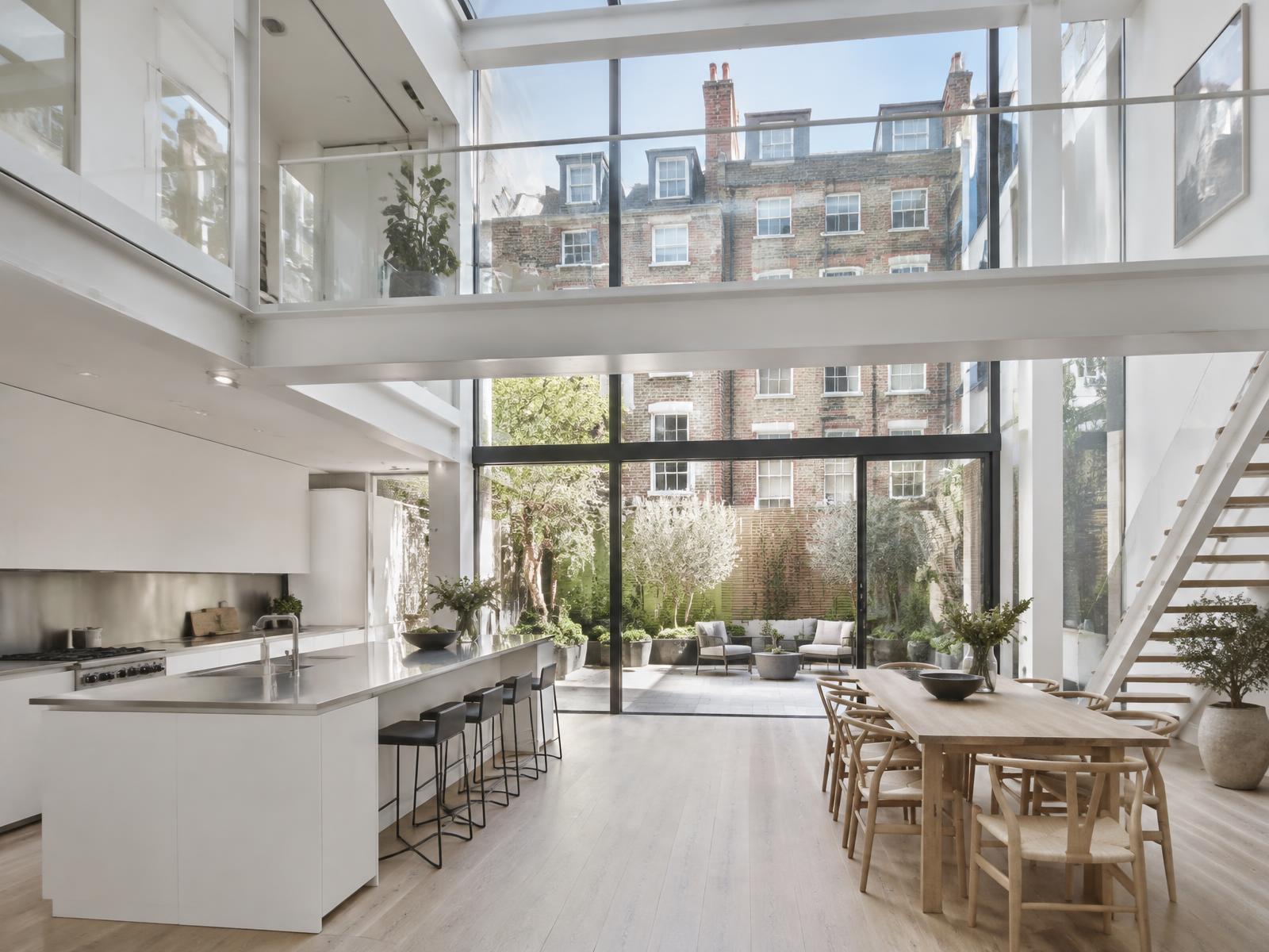 Bright double-height kitchen with white steel bridge and full-height glazing onto a courtyard behind Knightsbridge terraces