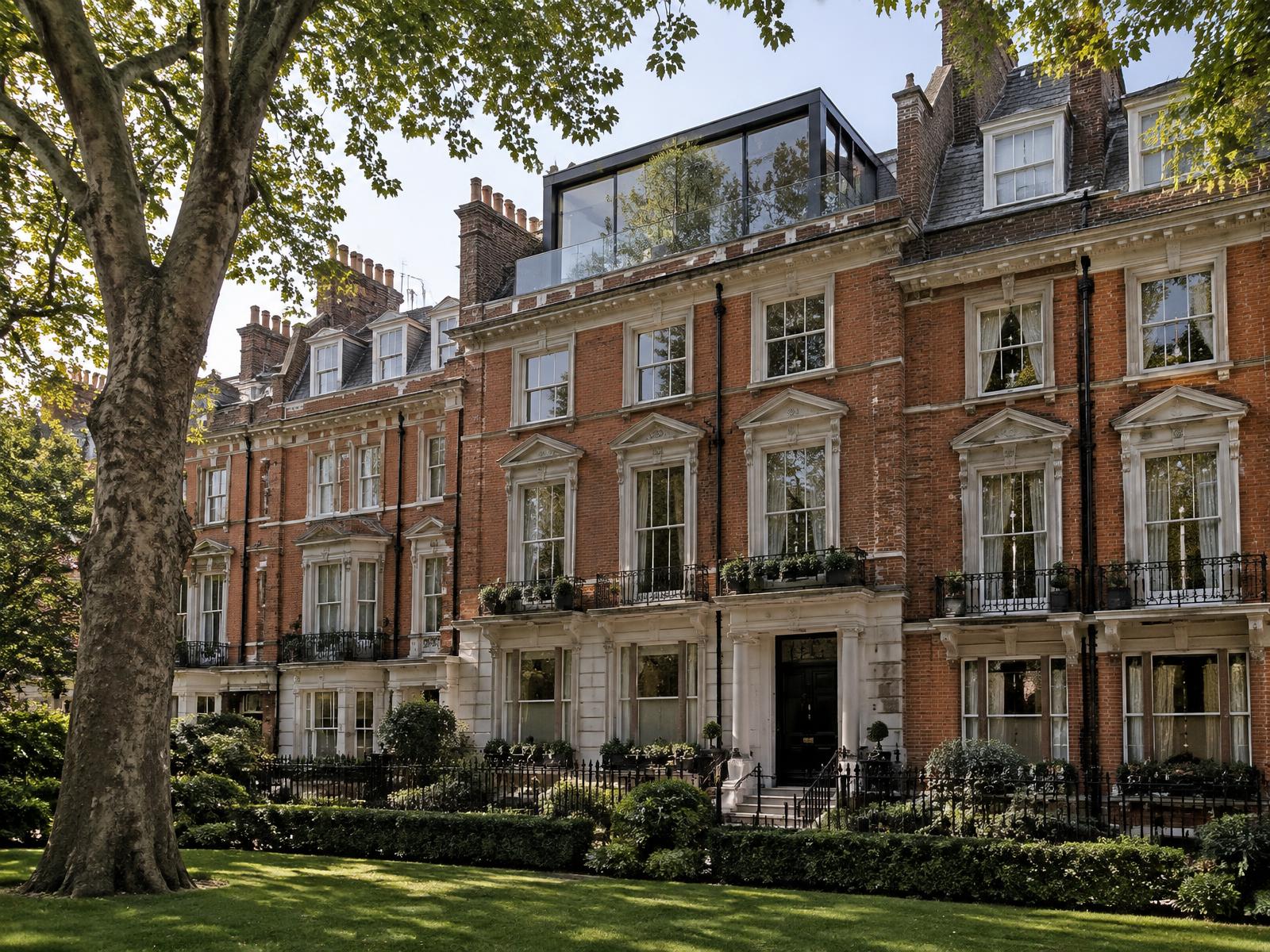 Knightsbridge garden square terrace with a minimalist glass and steel rooftop pavilion above a corniced Victorian house