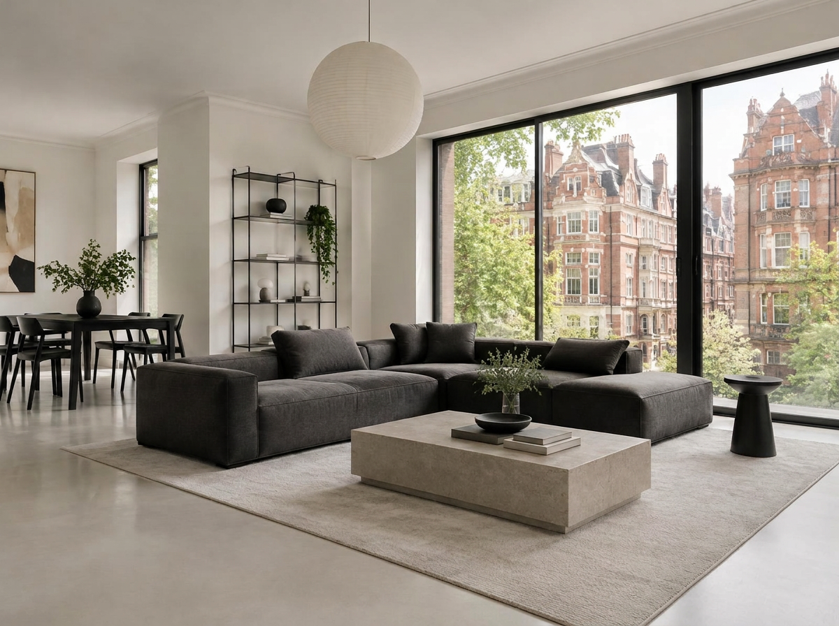 Light-filled minimalist living space with a straight-lined charcoal sofa and glazing onto Knightsbridge red-brick mansion blocks