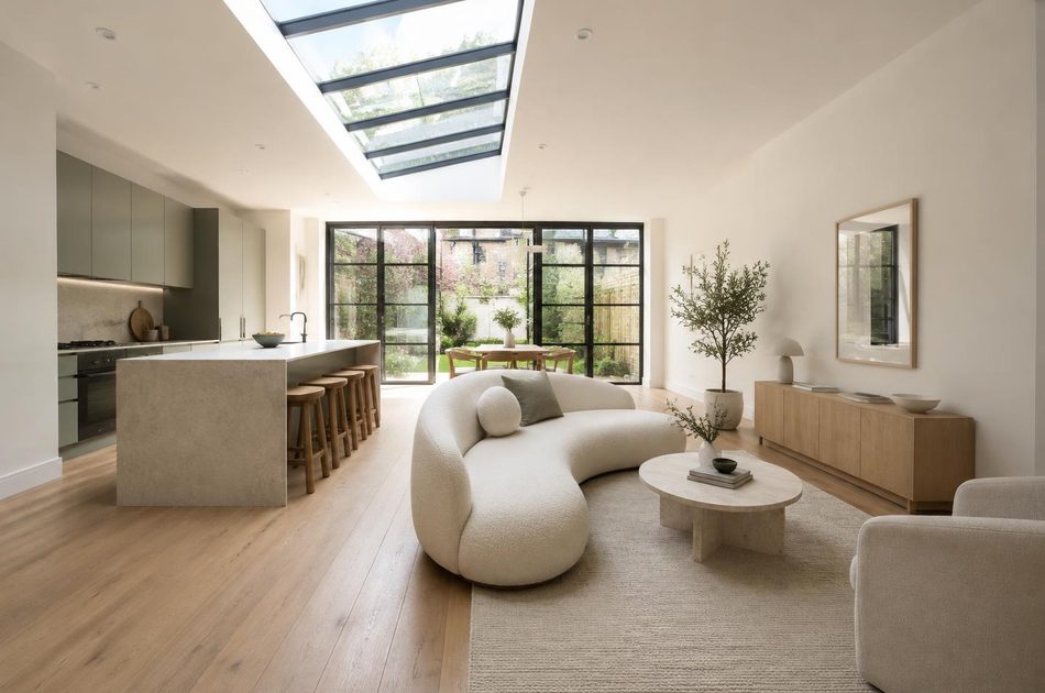 Refurbished open-plan Victorian terrace interior with skylight in Ladywell
