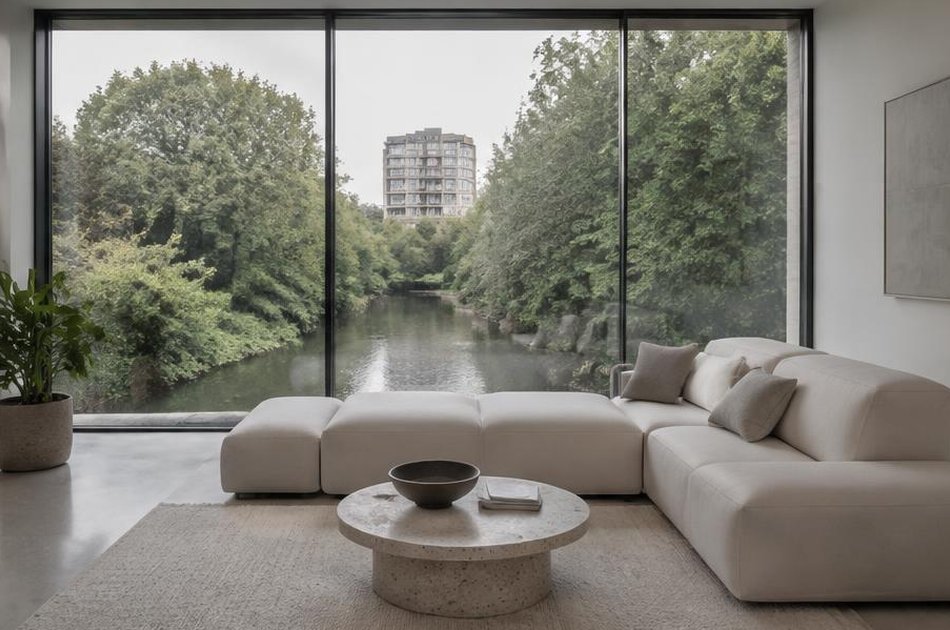 Minimalist living room overlooking the River Ravensbourne in Lewisham