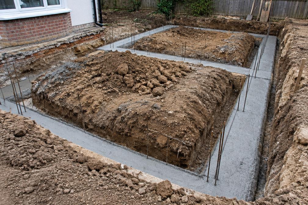 Concrete footings for a house extension in Leyton