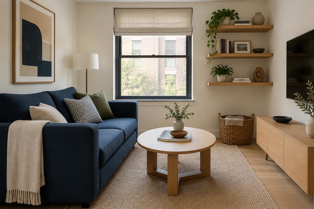 Living room with a navy sofa and oak floating shelves in Leyton