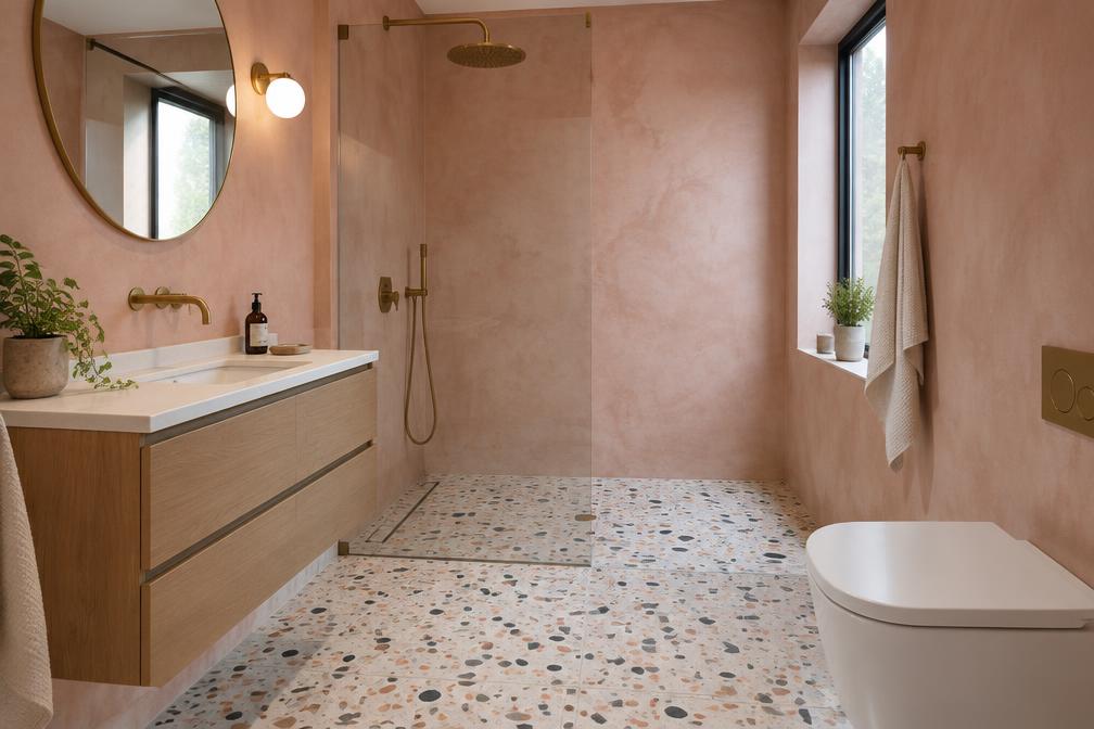 Refurbished shower room with terrazzo floor and plaster walls in Leyton