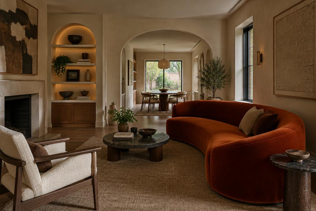 Through-lounge with a rust curved sofa and arched alcove shelving in Leytonstone