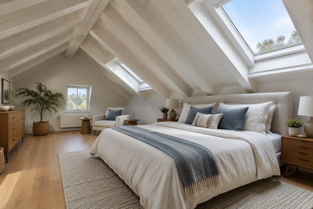 Refurbished loft bedroom with white-painted rafters and skylights in Leytonstone