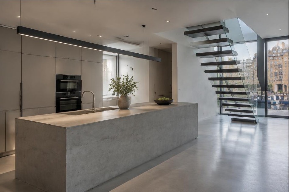 Completed contemporary kitchen with open staircase and garden glazing in Limehouse