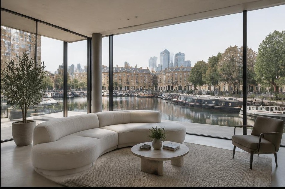 Minimalist living space with local residential garden views in Limehouse