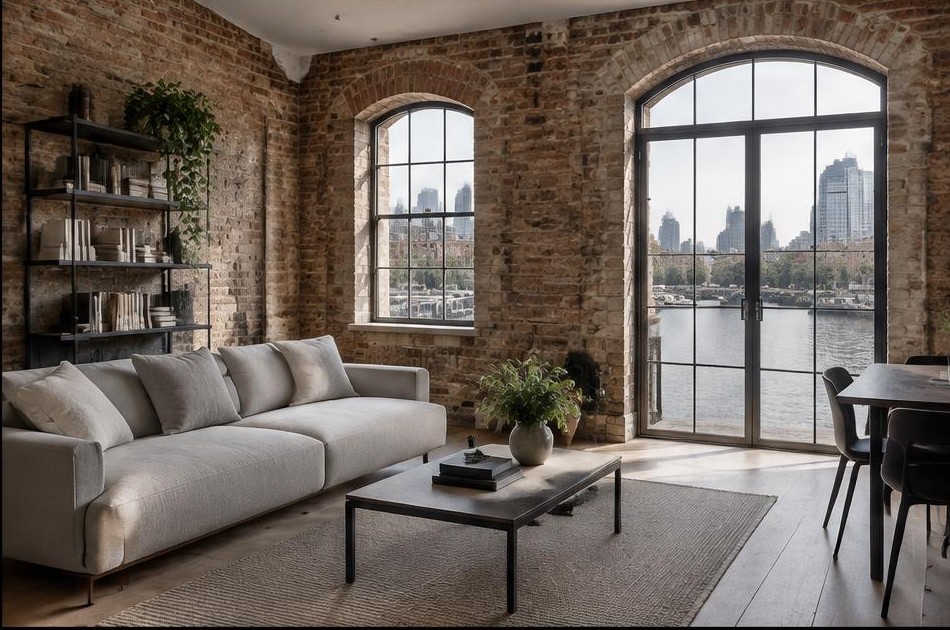 Contemporary refurbished living room with local garden views in Limehouse