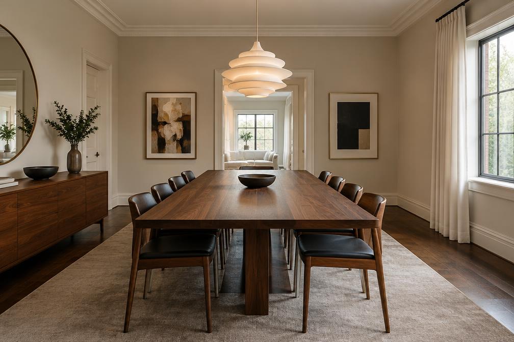 Refurbished dining room with a walnut table and sculptural pendant in Lloyd Park