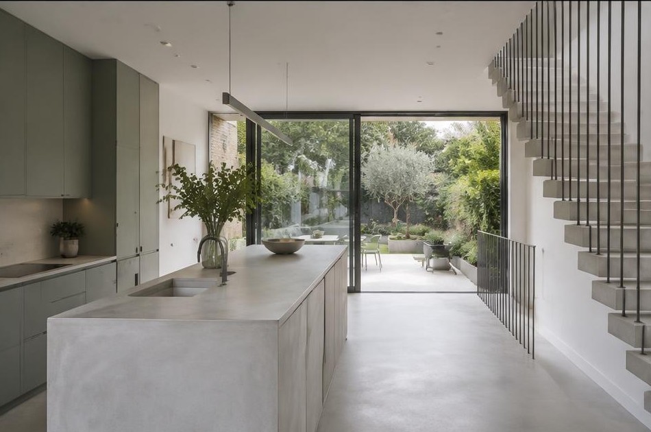 Completed contemporary kitchen with open staircase and garden glazing in London Fields