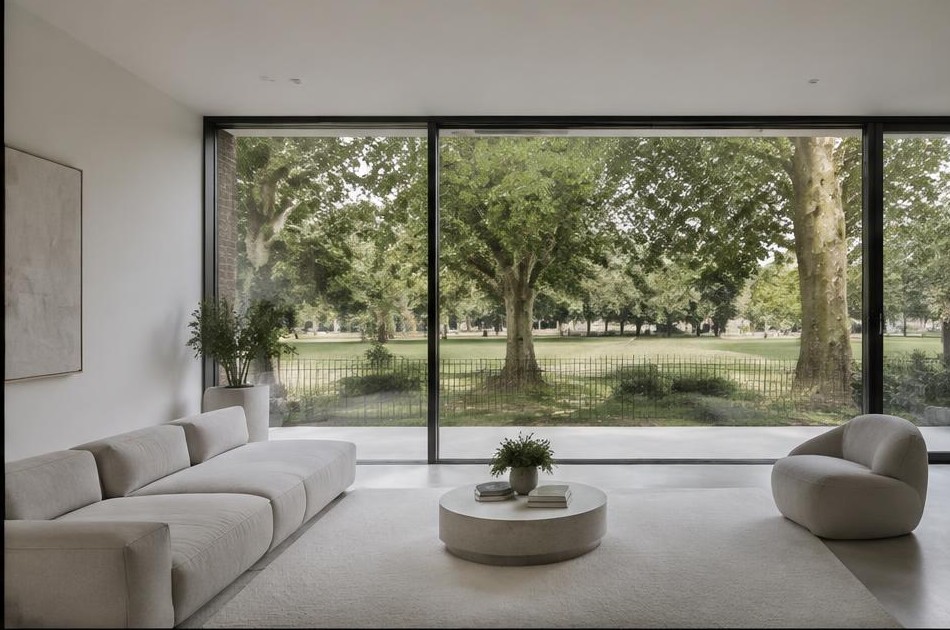 Minimalist living space with local residential garden views in London Fields