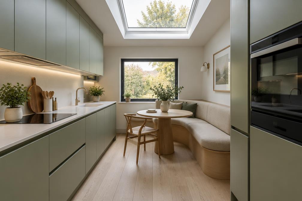 Compact kitchen with handleless sage units, rooflight and small curved banquette