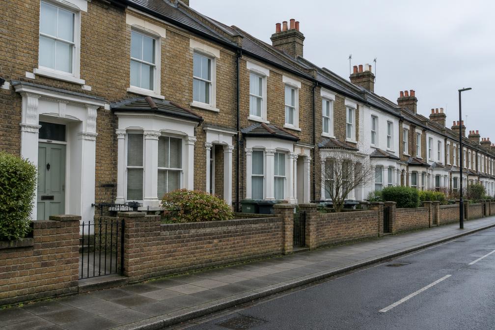 Row of modest Victorian terraced houses with low front walls
